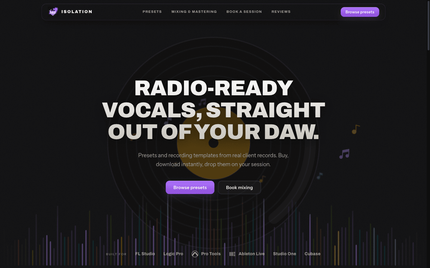 Mixed by Isolation, the live client site on desktop